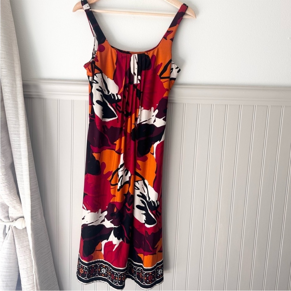 Vintage Glamour Size 10 Vibrant Floral Midi Dress - Red, Orange, Black
